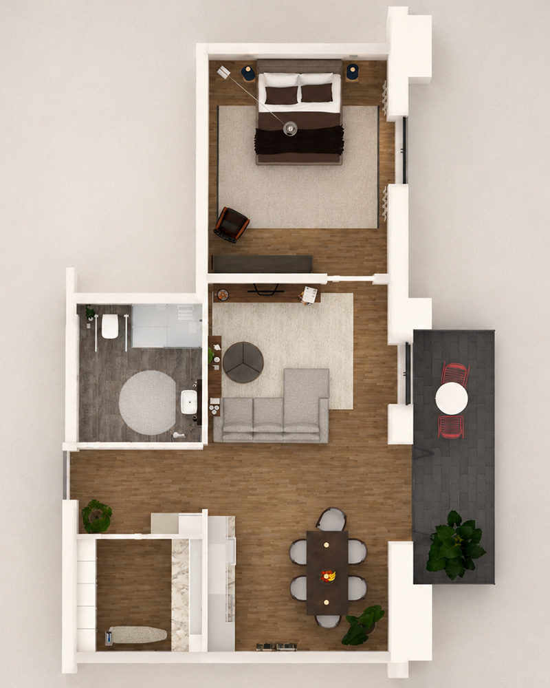 Beispielhafter Grundriss mittlere Wohnung (ca. 63qm)